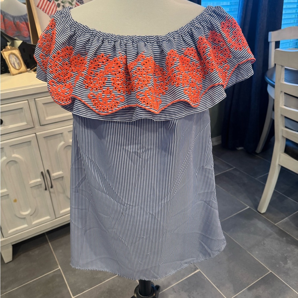 Striped Off-Shoulder Skirt with Orange Accents